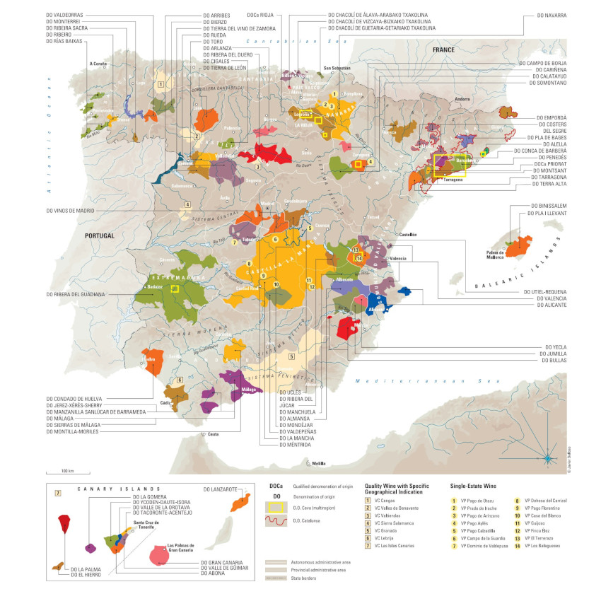 Map with Spain wine regions